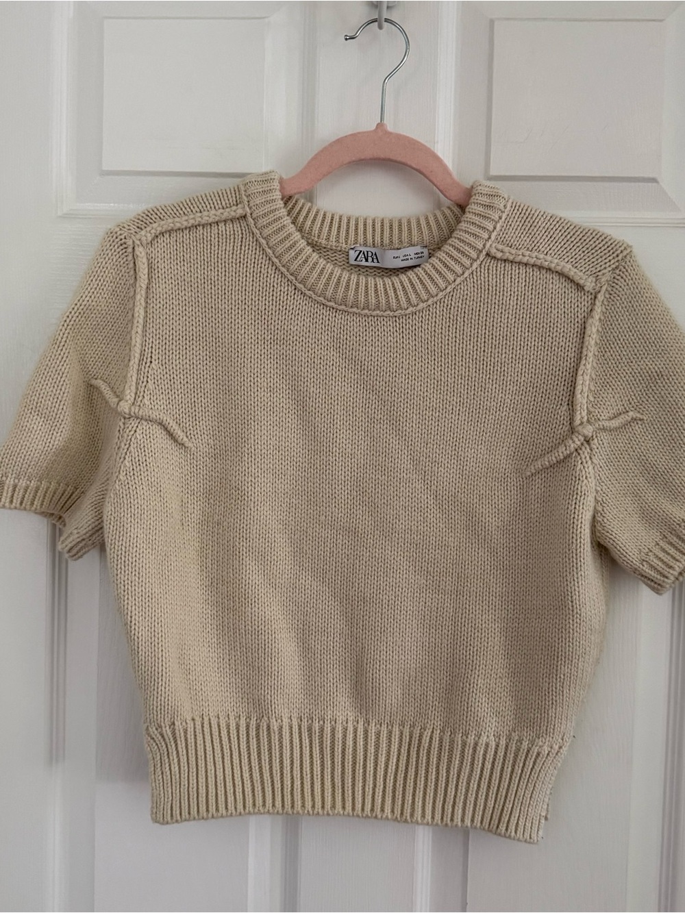 Zara Wool Blend Beige Cropped Crewneck Short-Sleeve Knit Top